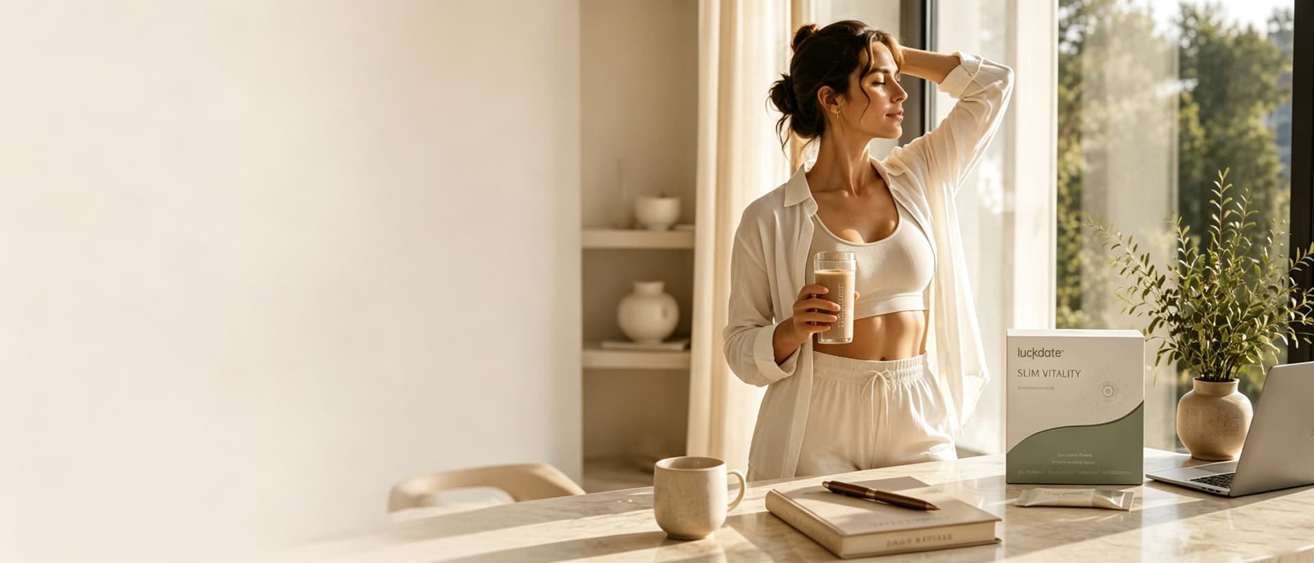 Woman holding a LuckDate wellness drink beside a sunlit window